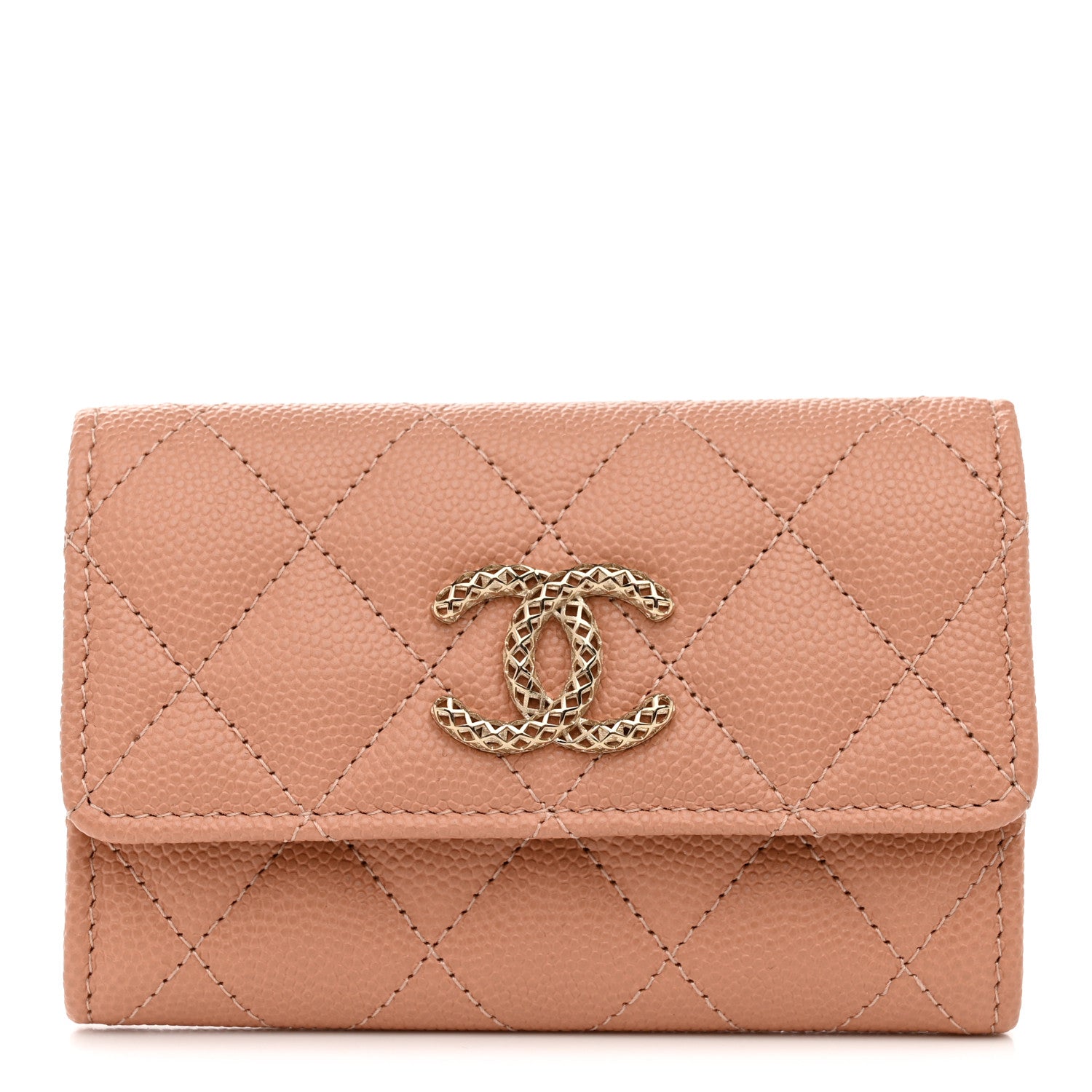 Chanel Caviar Metal Perforated Quilted CC Flap Card Holder Beige 1 of 9