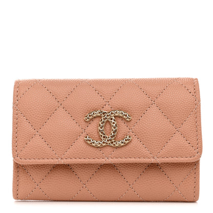 Chanel Caviar Metal Perforated Quilted CC Flap Card Holder Beige 1 of 9