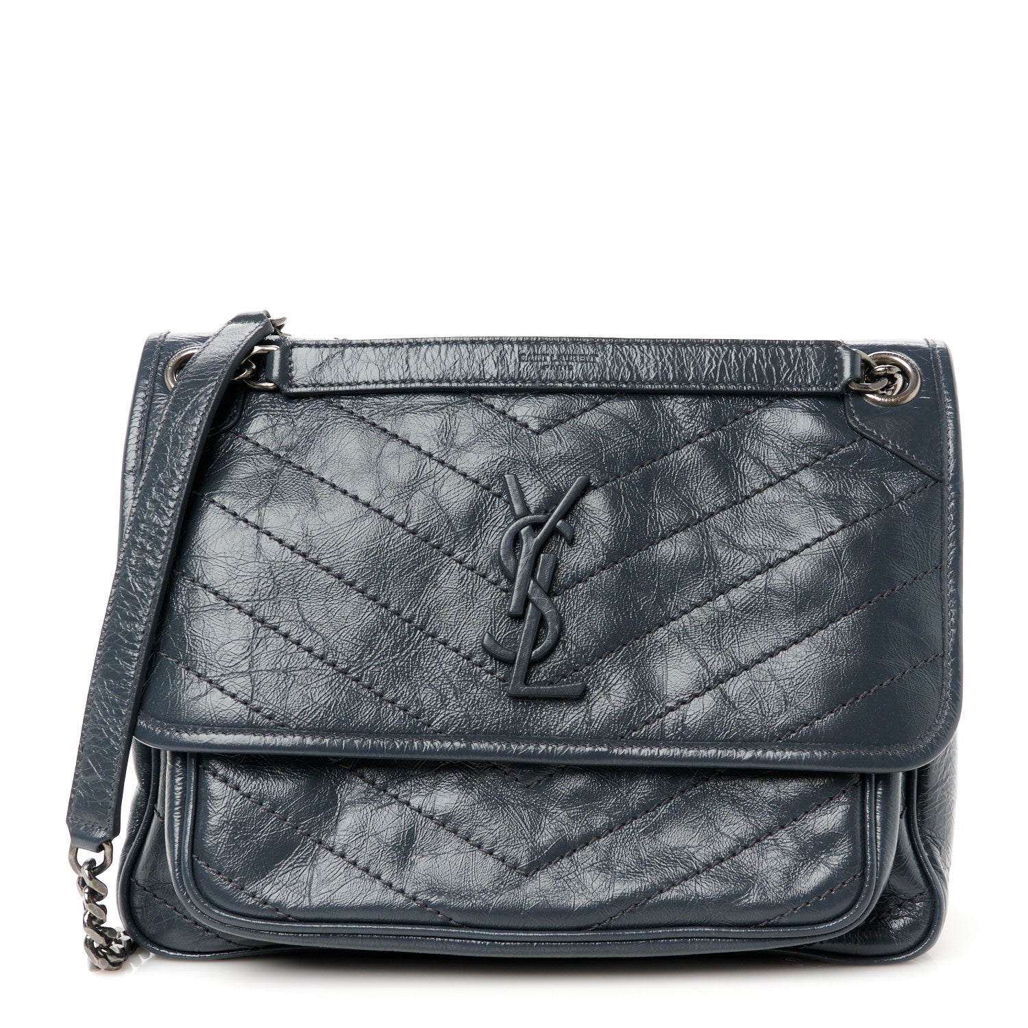 Saint Laurent Crinkled Calfskin Matelasse Monogram Medium Niki Chain Satchel Dark Smog 1 of 11
