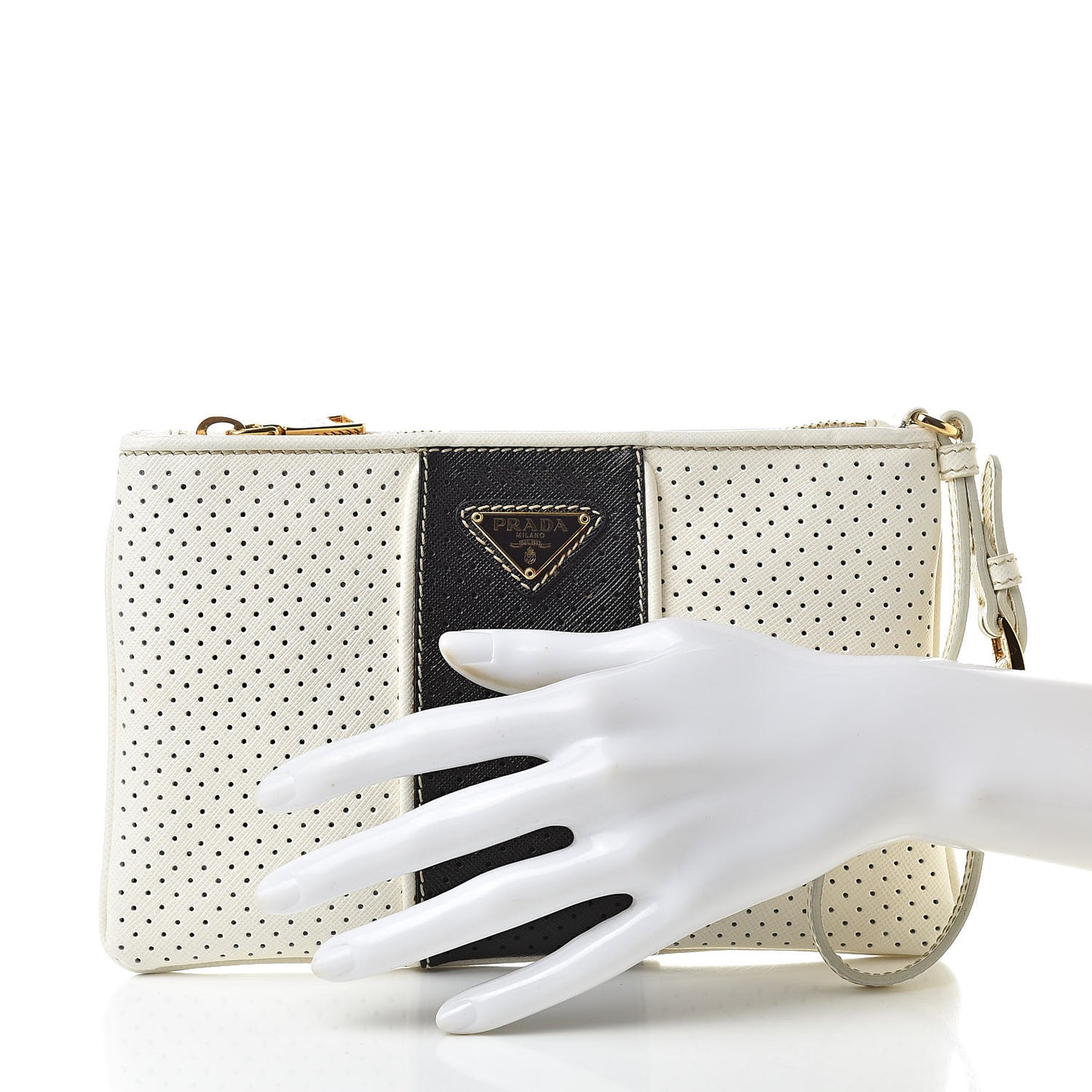 Saffiano Perforated Wristlet White Black