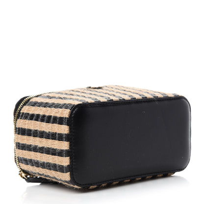 Chanel Raffia Jute Striped Small Vanity Case With Chain Black Beige 4 of 11