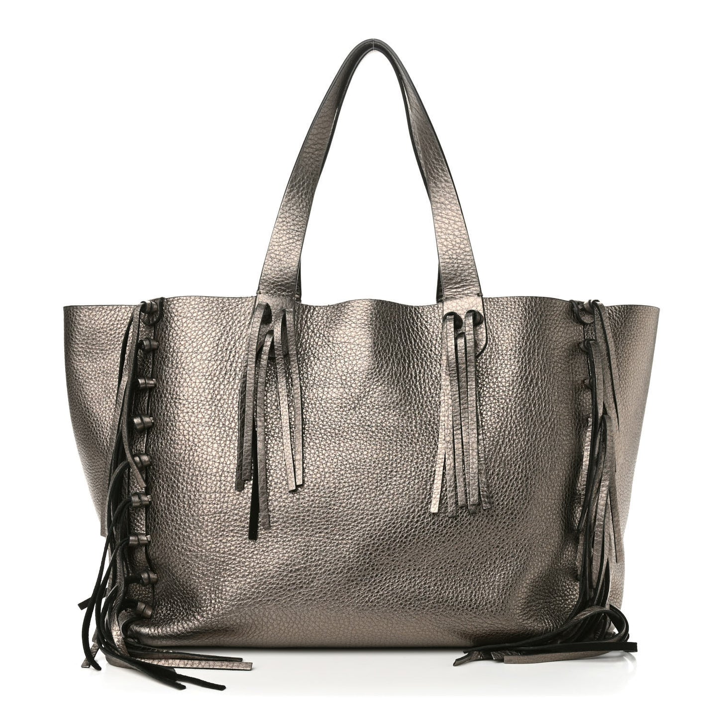 Metallic Grained Calfskin C-Rockee Fringe Tote Sasso