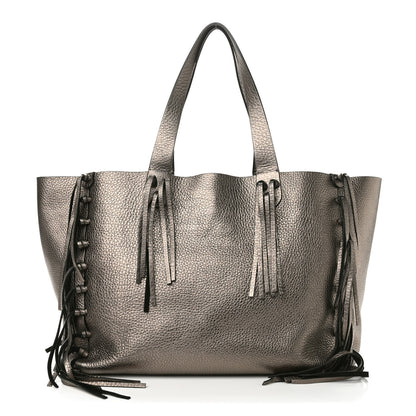 Valentino Garavani Metallic Grained Calfskin C-Rockee Fringe Tote Sasso 1 of 7