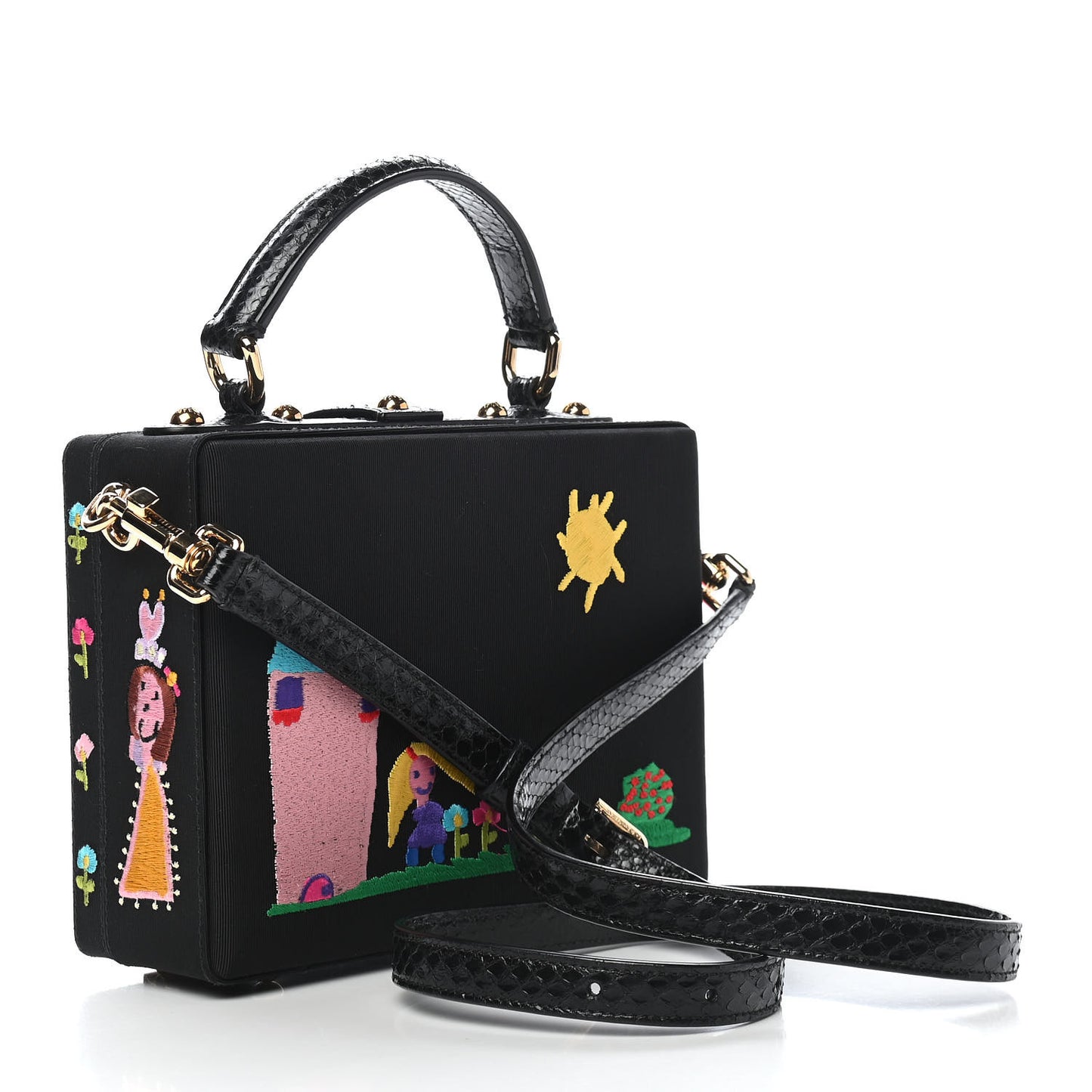 Snakeskin Calfskin Embossed Grosgrain Embroidered Family Box Bag Black Multicolor