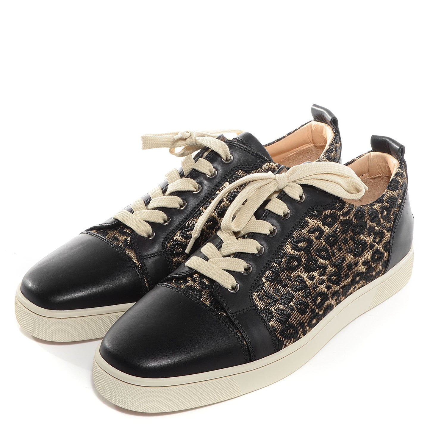 Calfskin Paille Leopard Louis Junior Mens Flat Sneakers 44 Black Beige