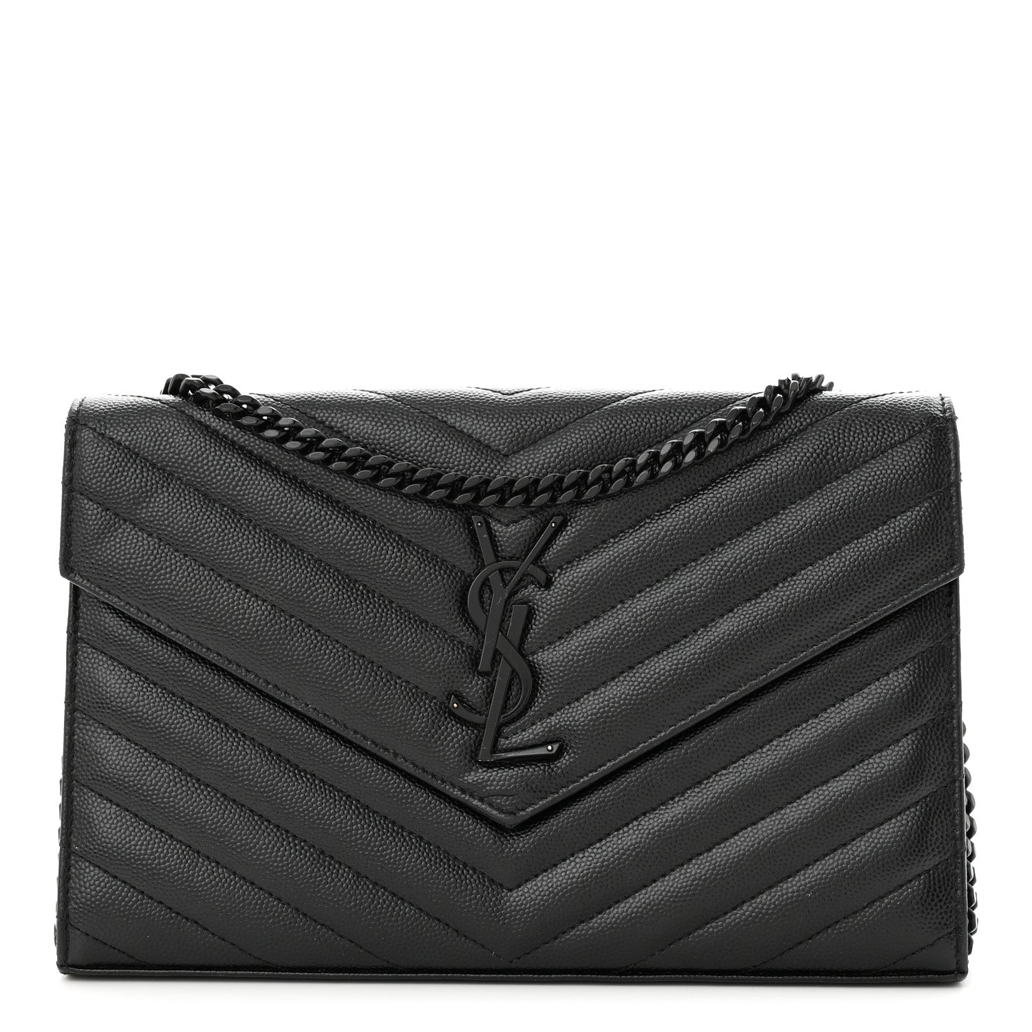 Saint Laurent Grain De Poudre Matelasse Chevron Monogram Monochrome Chain Wallet Black 1 of 13