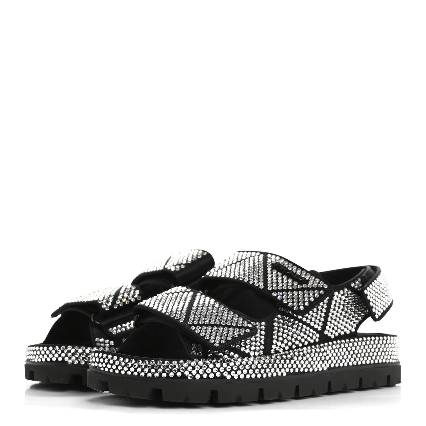 Satin Crystal Embellished Metal Logo Velcro Sandals 37 Black