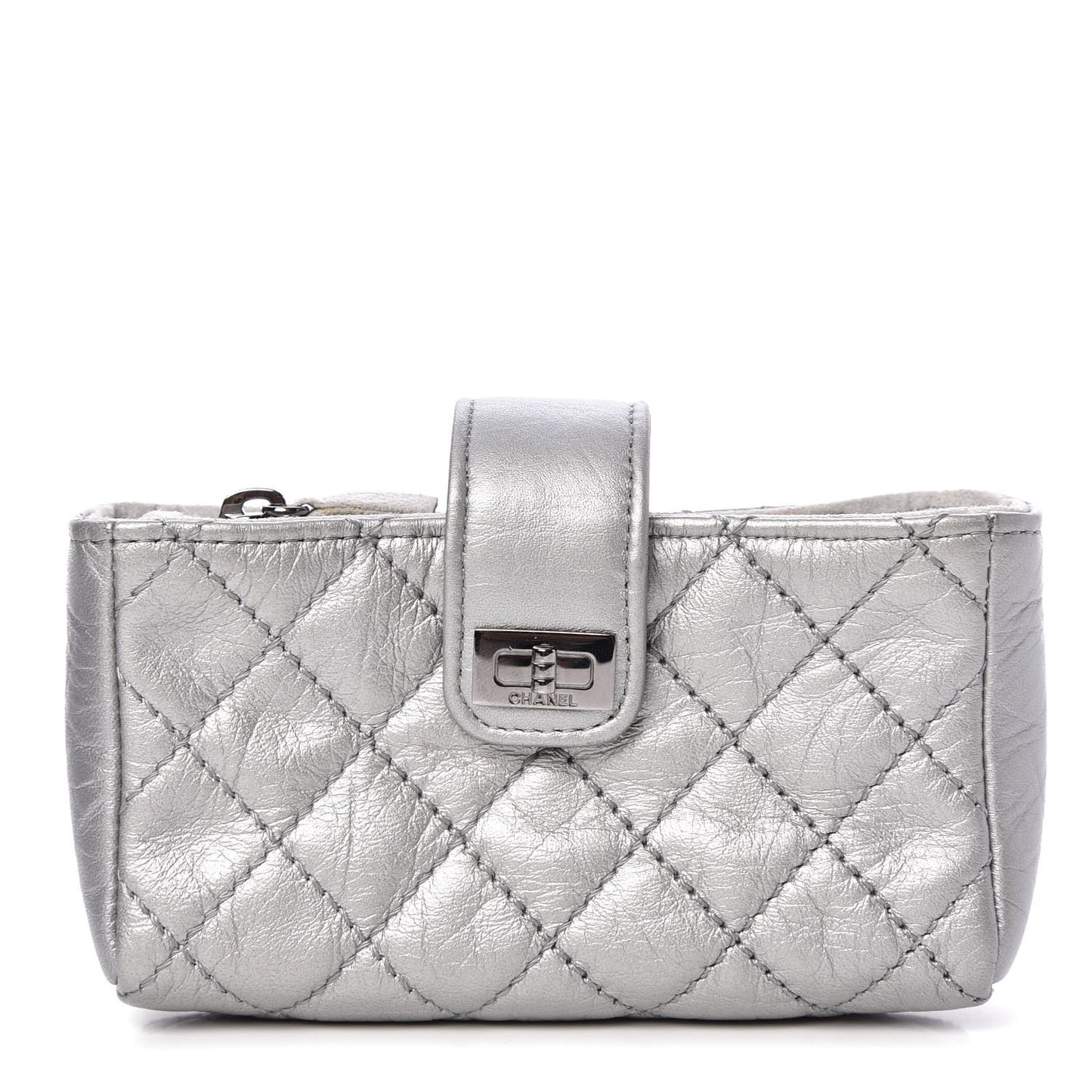 Metallic Aged Calfskin Quilted Mini Phone Holder Clutch Silver