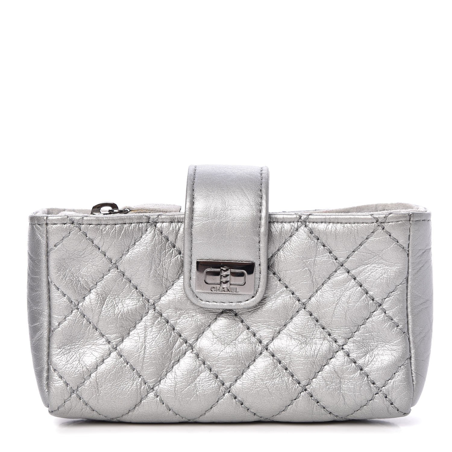 Chanel Metallic Aged Calfskin Quilted Mini Phone Holder Clutch Silver 1 of 9