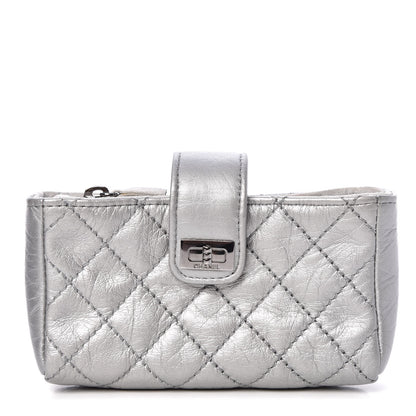 Chanel Metallic Aged Calfskin Quilted Mini Phone Holder Clutch Silver 1 of 9