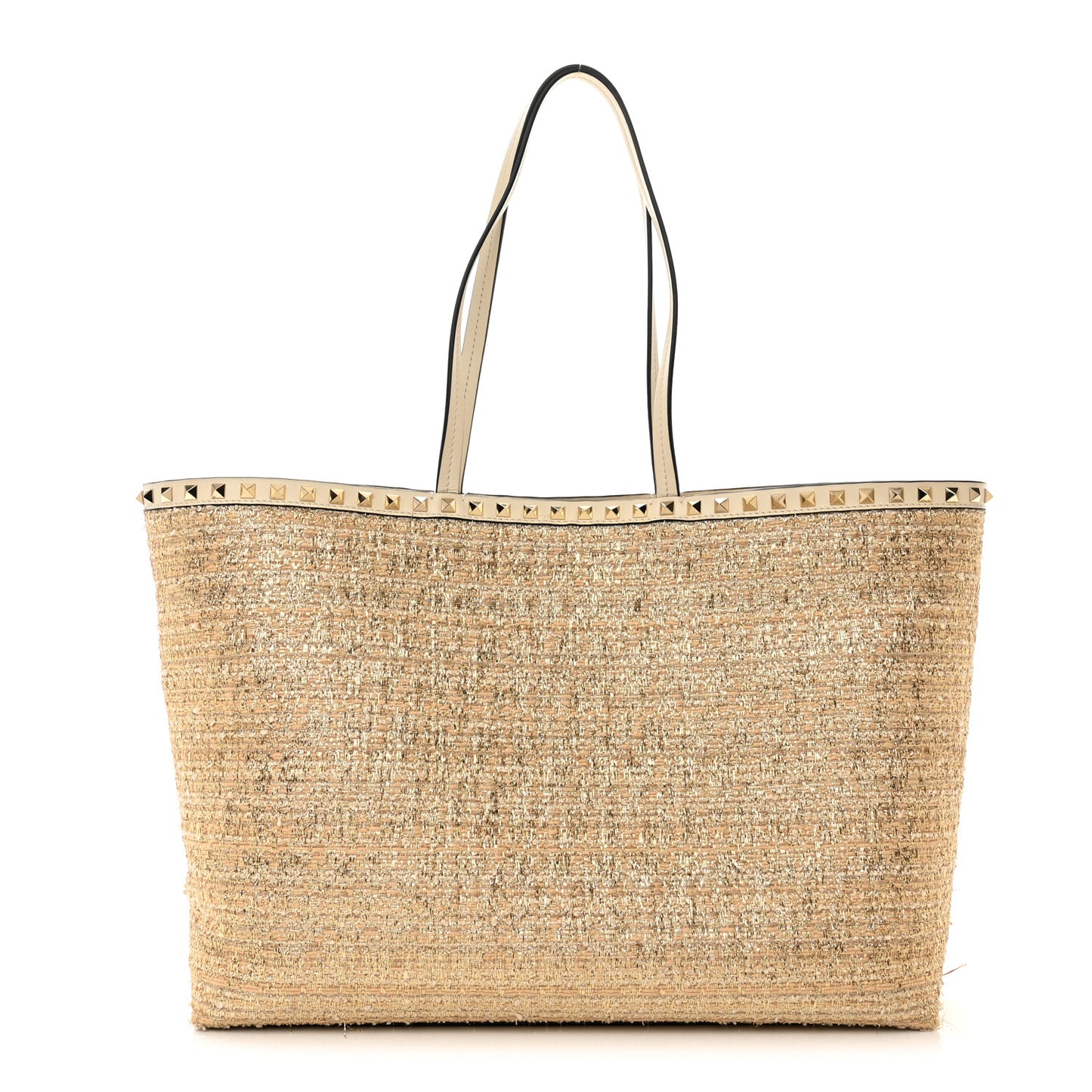 Metallic Boucle Raffia Calfskin Rockstud Tote Bag White Ivory Gold