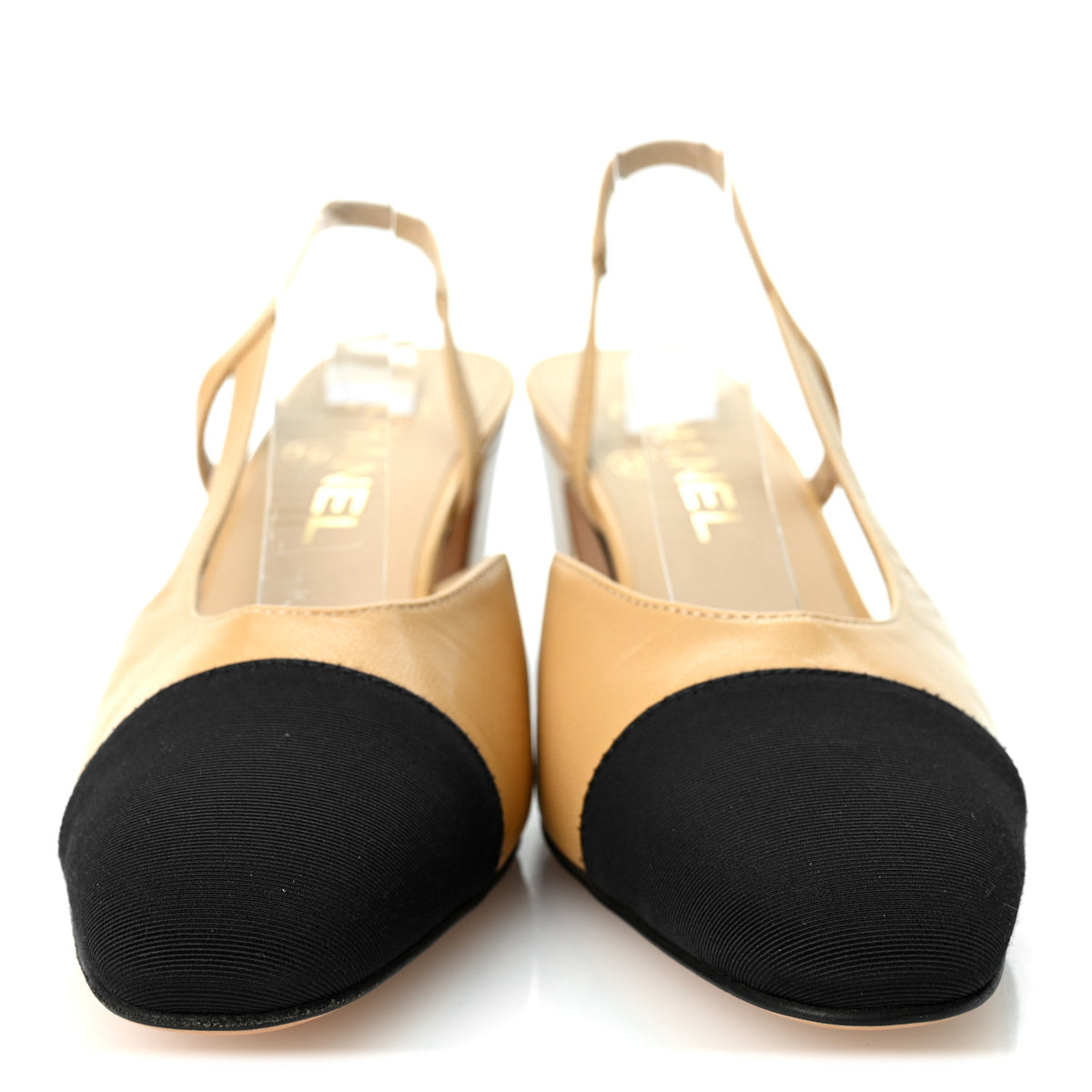 Goatskin Grosgrain Cap Toe CC Slingback Pumps 37 Beige Black