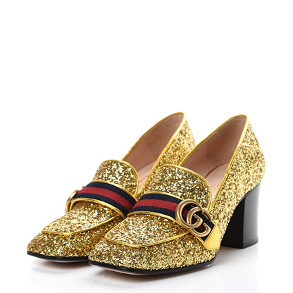 Gucci Glitter Nappa Web Peyton 75mm Loafer Pumps 37 Oro Vecchio 3 of 8