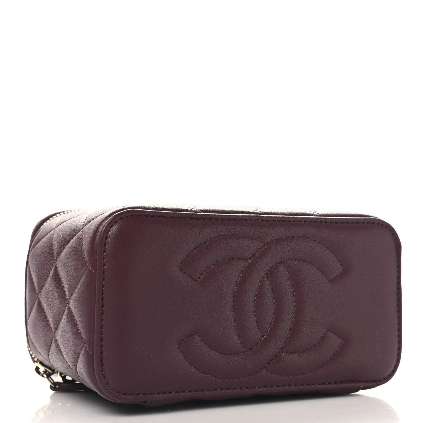 Lambskin Quilted Metal Small Top Handle Vanity Case With Chain Burgundy