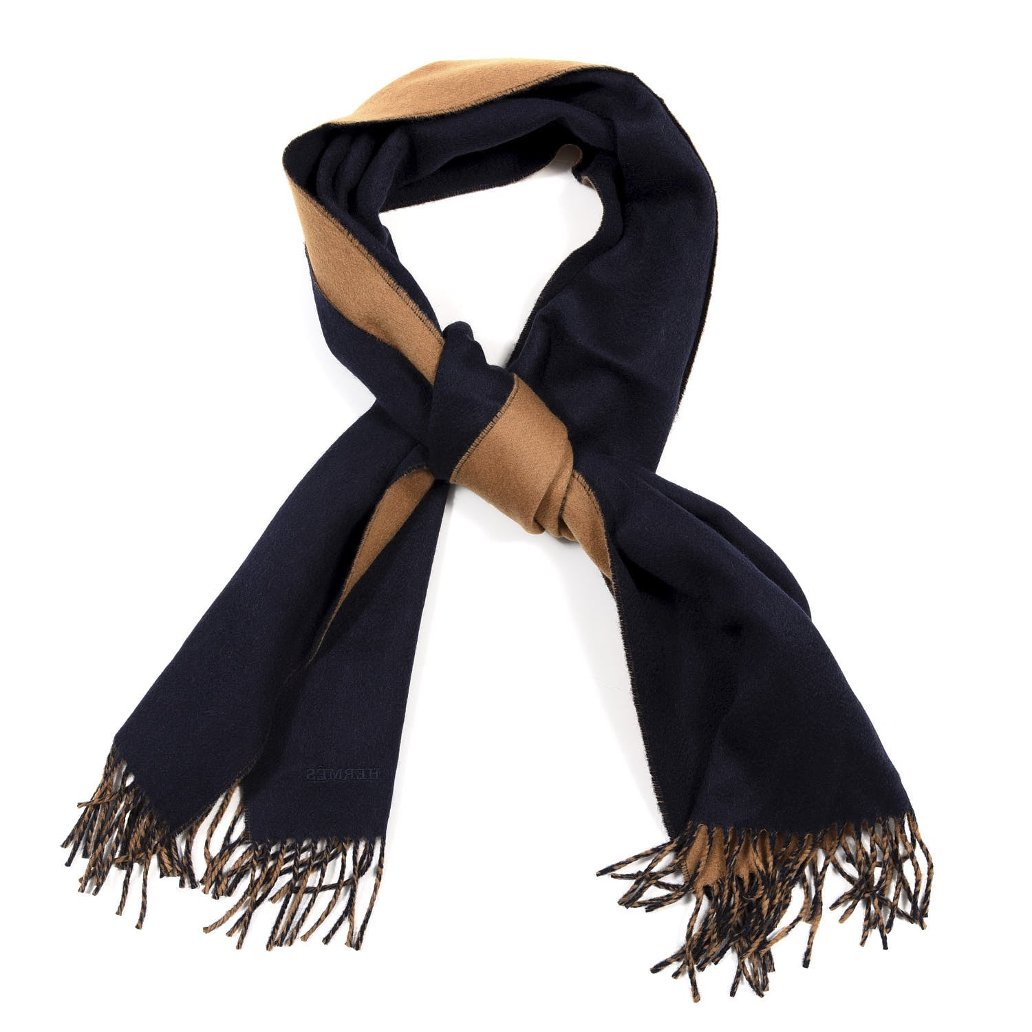 Hermes Cashmere Recto Verso Muffler Camel Marine 1 of 4