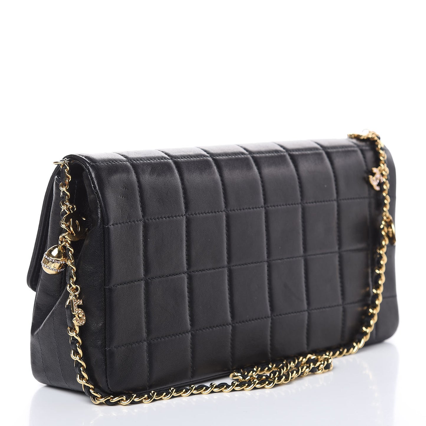 Lambskin Quilted Crystal Chocolate Bar Charm Flap Black