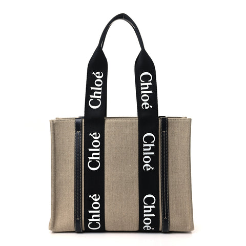 Linen Calfskin Medium Woody Ribbon Tote Black Blue