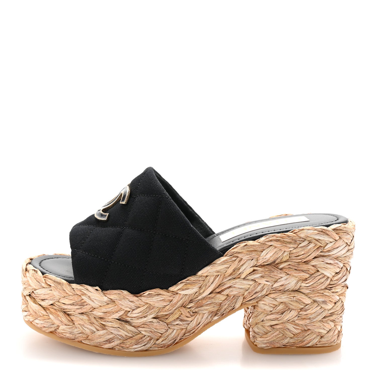 Chanel Canvas Raffia Wedge Sandals Black 37 Black 1 of 10