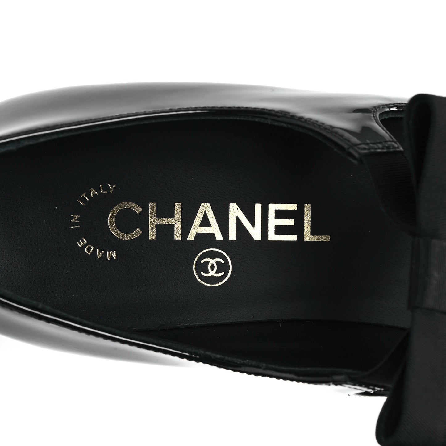 Patent Calfskin Grosgrain CC Mary Jane Pumps 38.5 Black