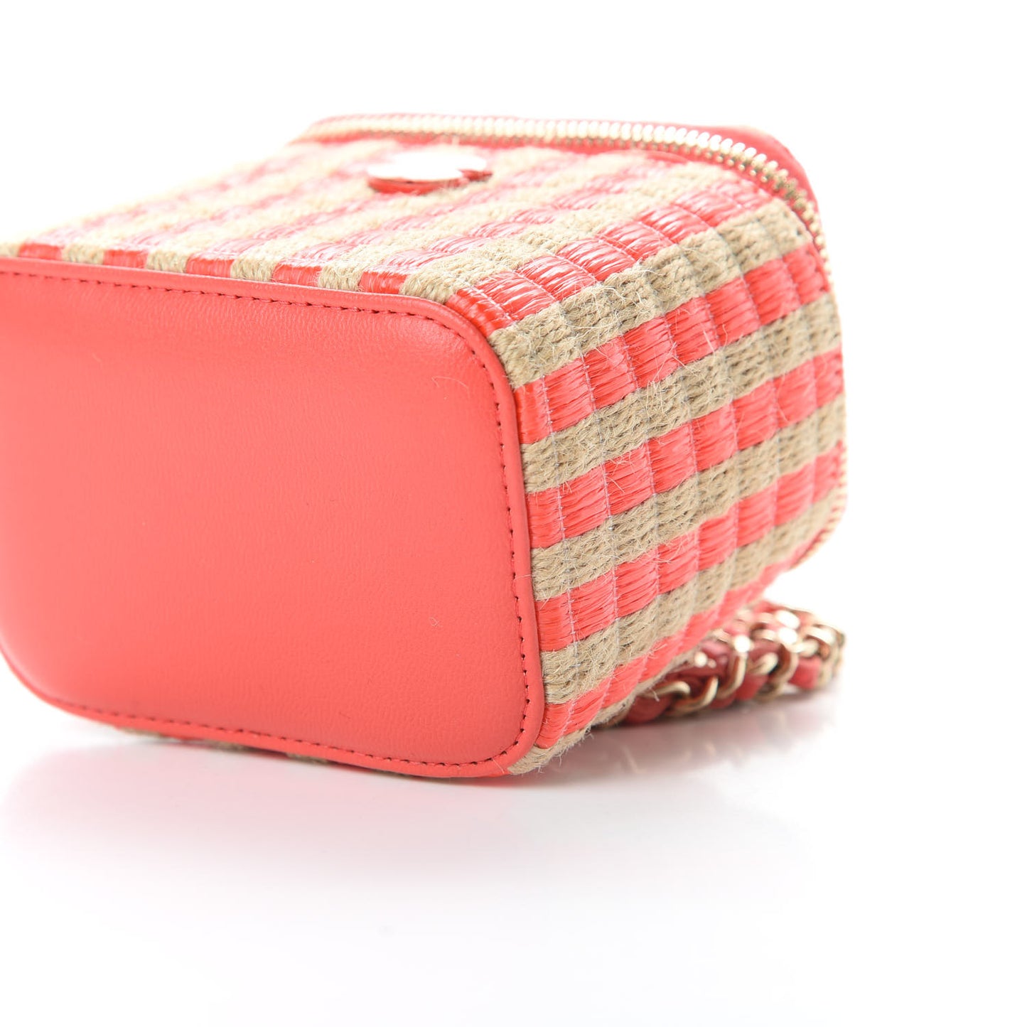 Raffia Jute Striped Mini Vanity Case With Chain Red Beige