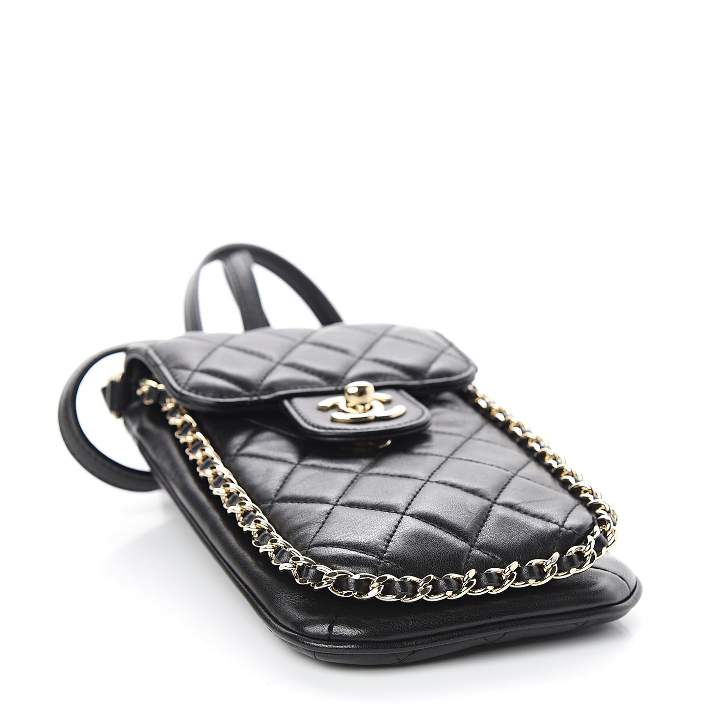 Lambskin Quilted Chain Around Flap Crossbody Black