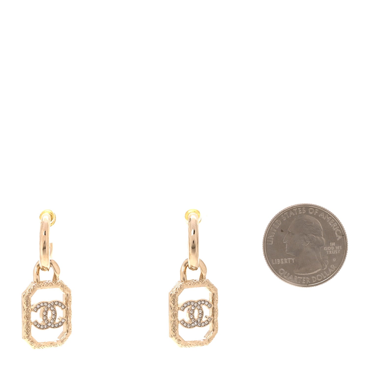 Chanel Metal Crystal Square CC Hoop Drop Earrings Gold 2 of 5
