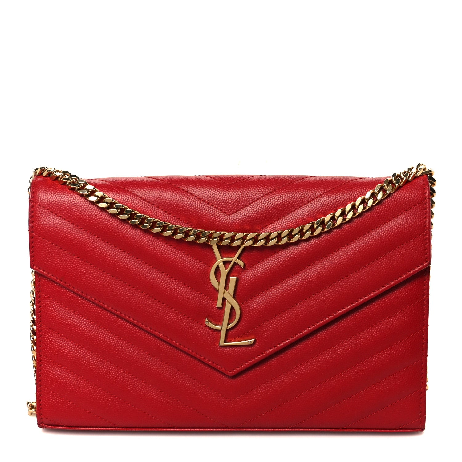 Saint Laurent Grain De Poudre Matelasse Chevron Monogram Chain Wallet Red 1 of 10