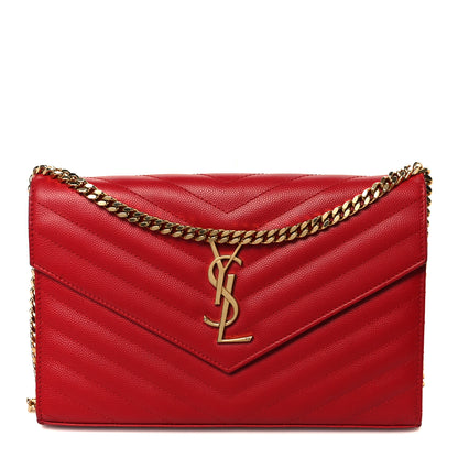 Saint Laurent Grain De Poudre Matelasse Chevron Monogram Chain Wallet Red 1 of 10