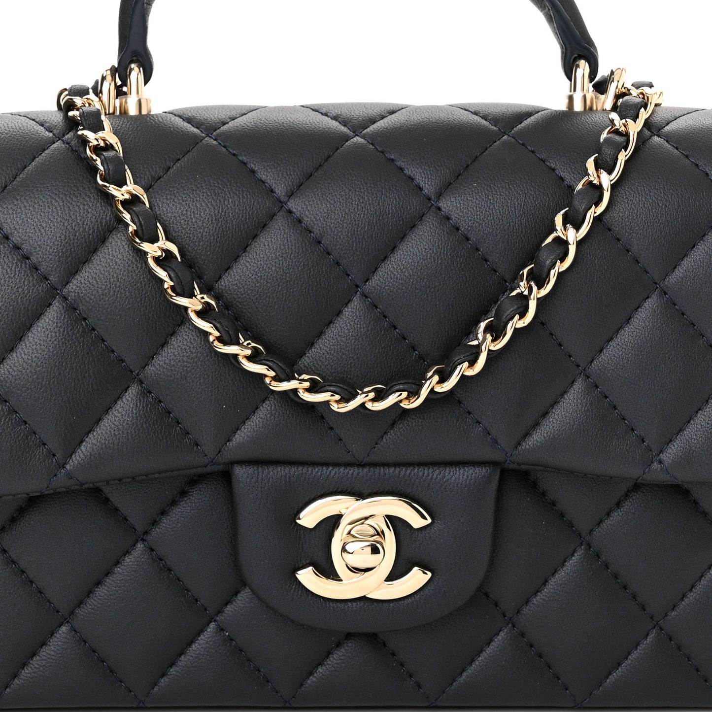Iridescent Lambskin Quilted Mini Top Handle Rectangular Flap Dark Blue