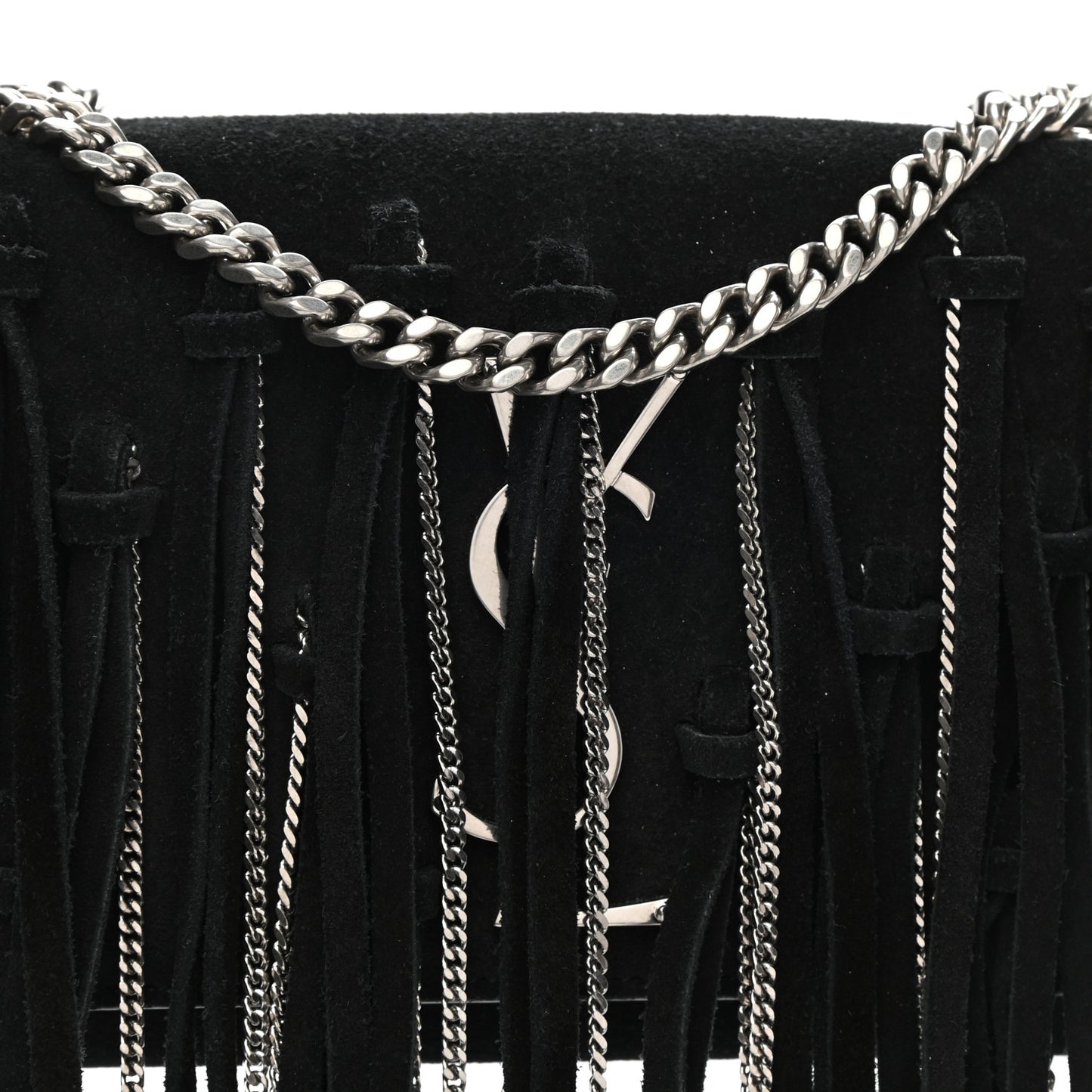 Suede Fringe Chain Small Monogram Satchel Black