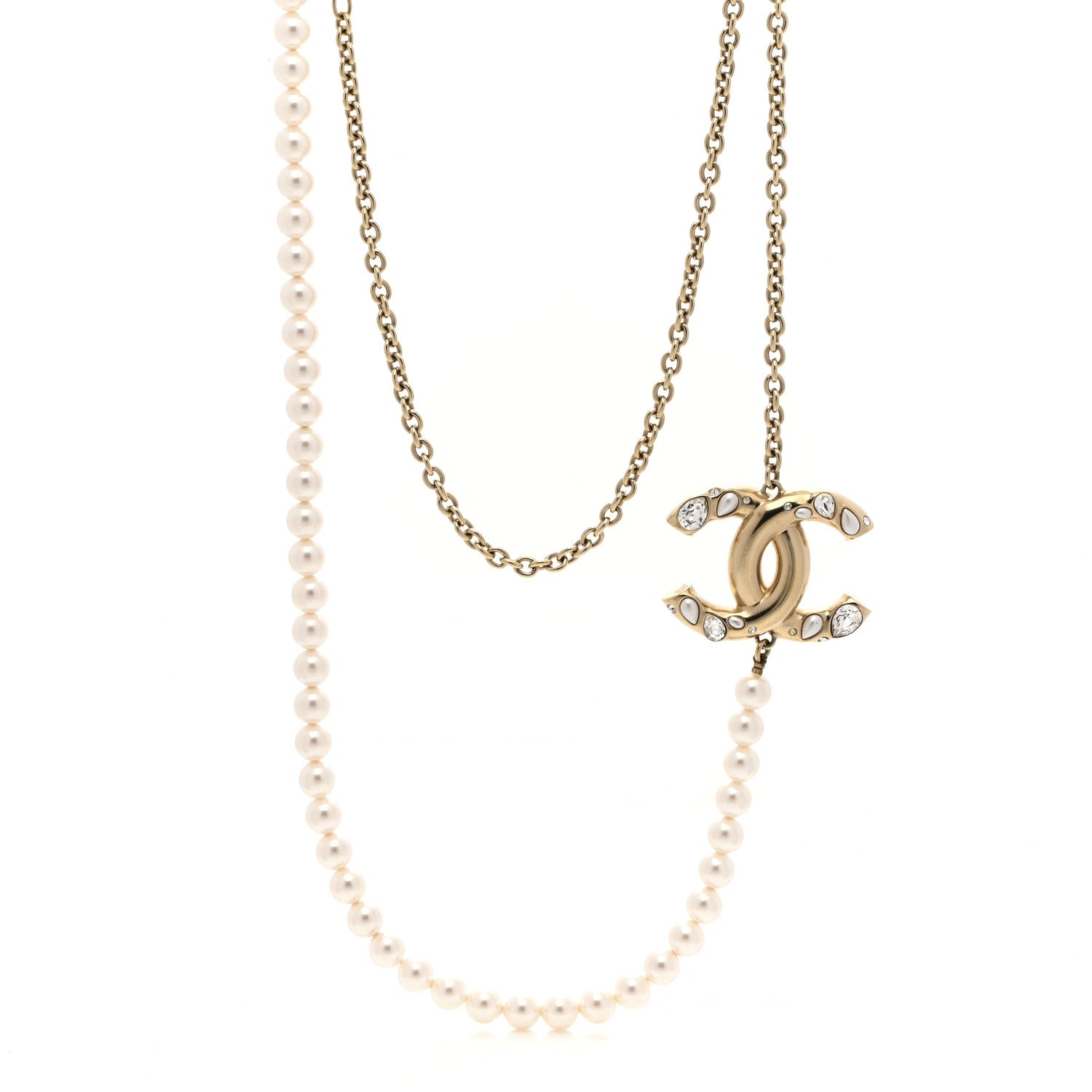 Chanel Metal Pearl Crystal Chain CC Long Necklace Gold 1 of 6