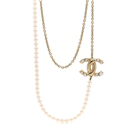 Chanel Metal Pearl Crystal Chain CC Long Necklace Gold 1 of 6
