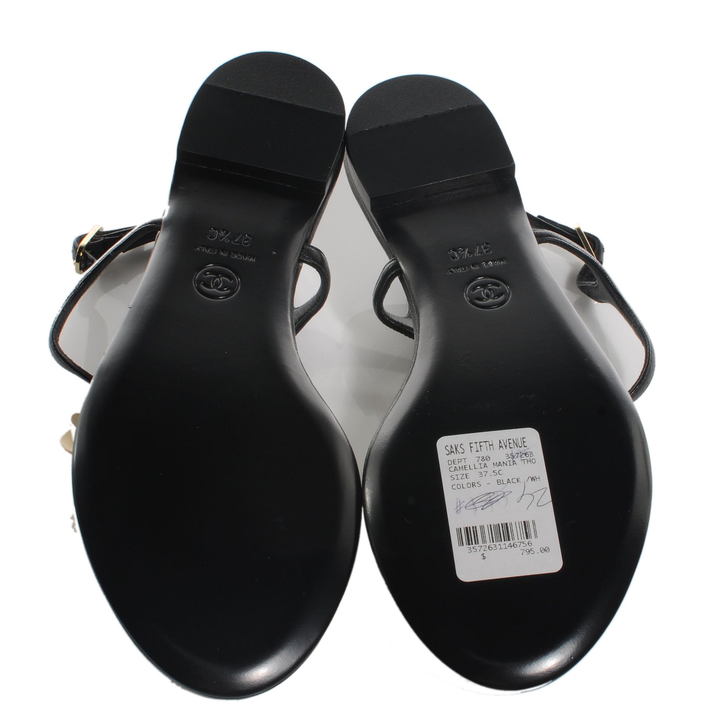 Lambskin Camellia Thong Sandals 37.5 Black White