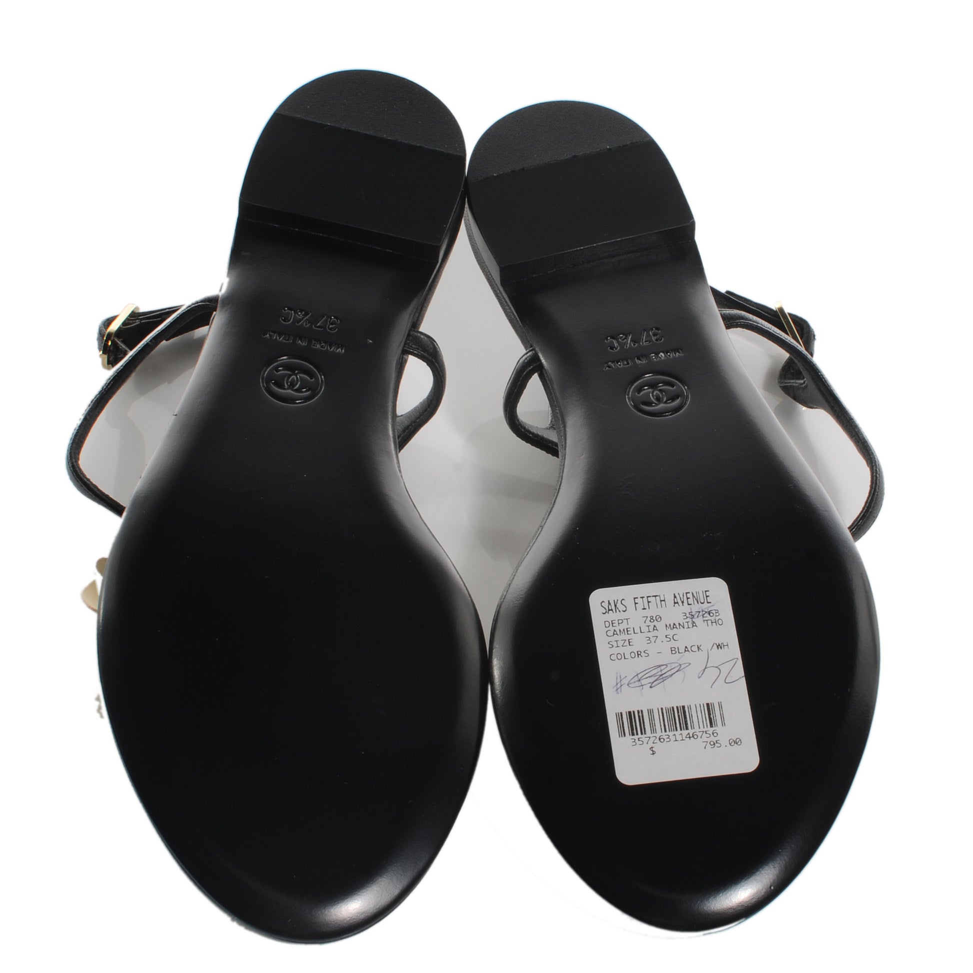 Chanel Lambskin Camellia Thong Sandals 37.5 Black White 5 of 6
