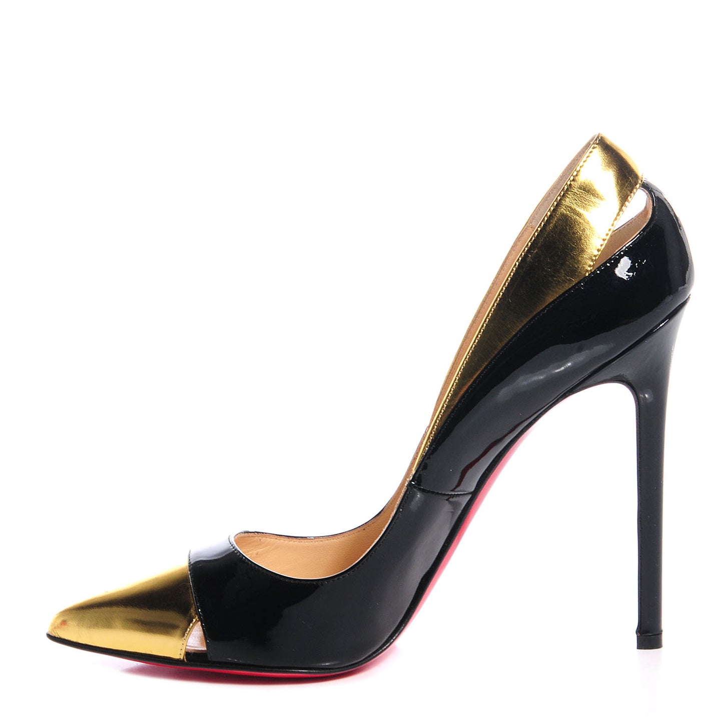 Patent Metallic Calfskin Duvette Cutout 120 Pumps 40 Black Gold