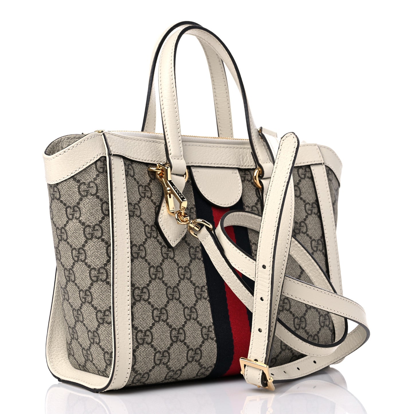 GG Supreme Monogram Textured Dollar Calfskin Web Small Ophidia Tote Bag Beige Ebony Mystic White