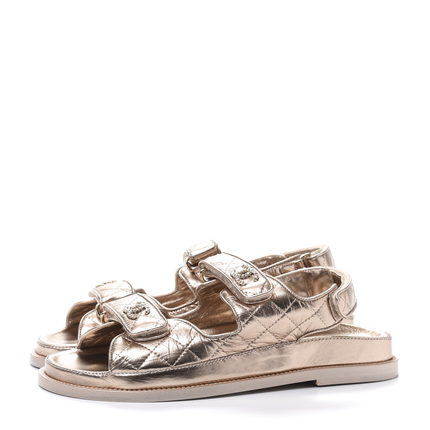 Chanel Iridescent Lambskin Quilted Velcro Dad Sandals 39.5 Light Bronze 3 of 9