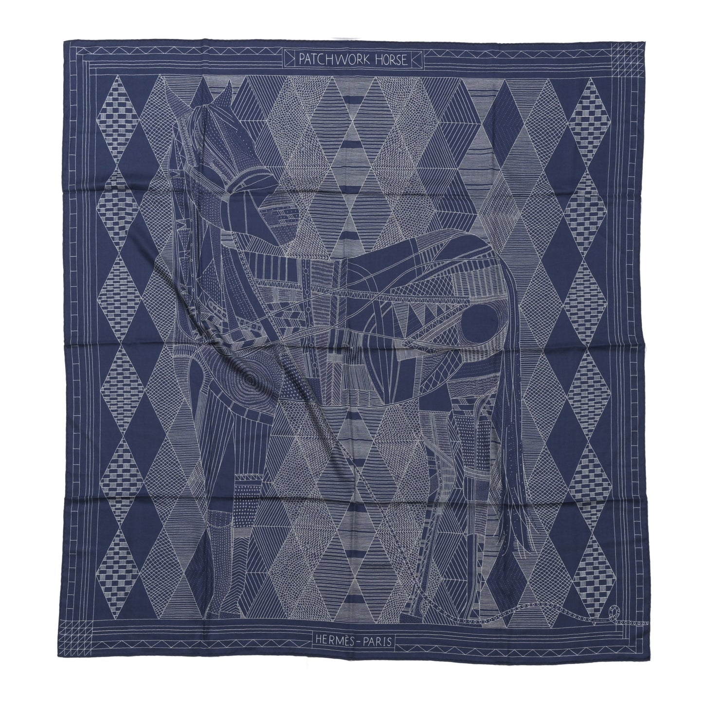 Cashmere Silk Patchwork Horse Shawl 140 Bleu De Chine Blanc