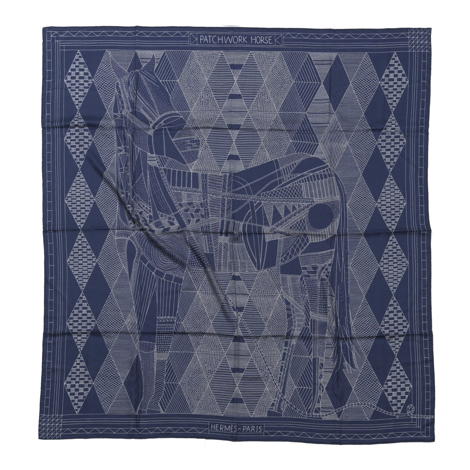 Hermes Cashmere Silk Patchwork Horse Shawl 140 Bleu De Chine Blanc 1 of 6