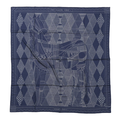 Hermes Cashmere Silk Patchwork Horse Shawl 140 Bleu De Chine Blanc 1 of 6