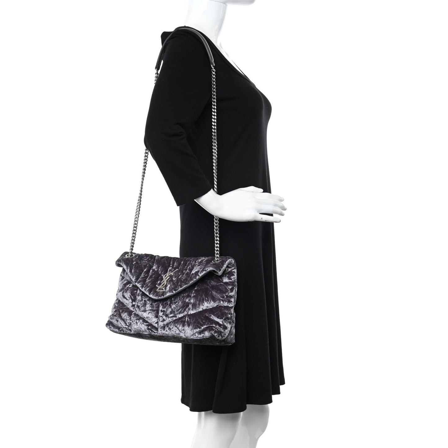 Crushed Velvet Quilted Small Loulou Puffer Monogram Chain Satchel Cloud Grey