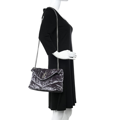 Saint Laurent Crushed Velvet Quilted Small Loulou Puffer Monogram Chain Satchel Cloud Grey 2 of 11