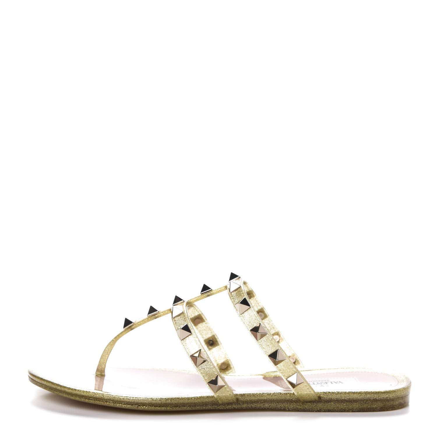 Valentino Garavani PVC Jelly Glitter Rockstud Caged Flat Thong Sandals 35 Oro 1 of 8