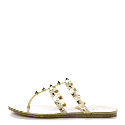 Valentino Garavani PVC Jelly Glitter Rockstud Caged Flat Thong Sandals 35 Oro 1 of 8