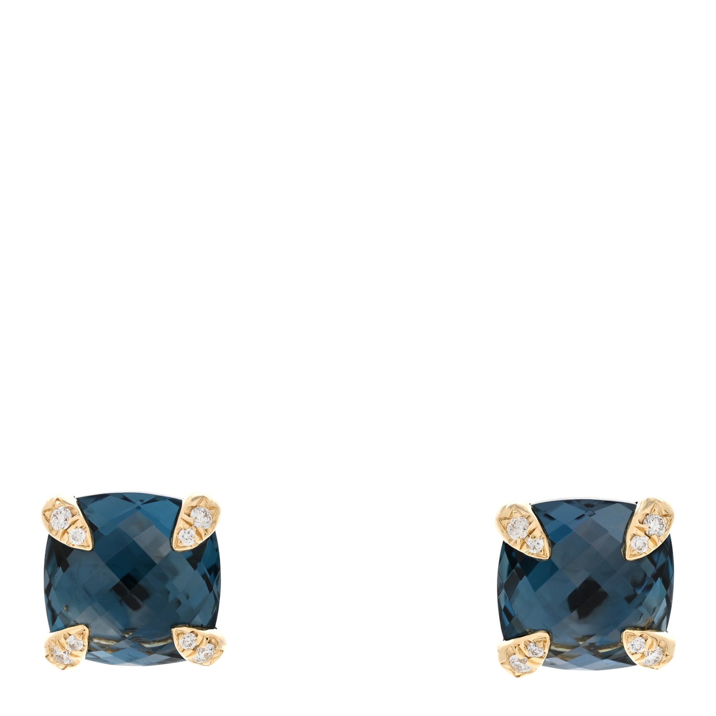 18K Yellow Gold Diamond Blue Topaz 8mm Chatelaine Stud Earrings