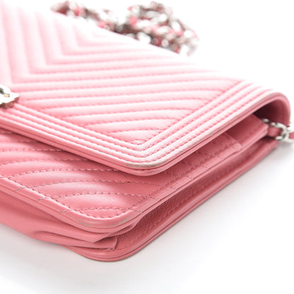 Chanel Calfskin Chevron Quilted Boy Wallet On Chain WOC Pink 12 of 13