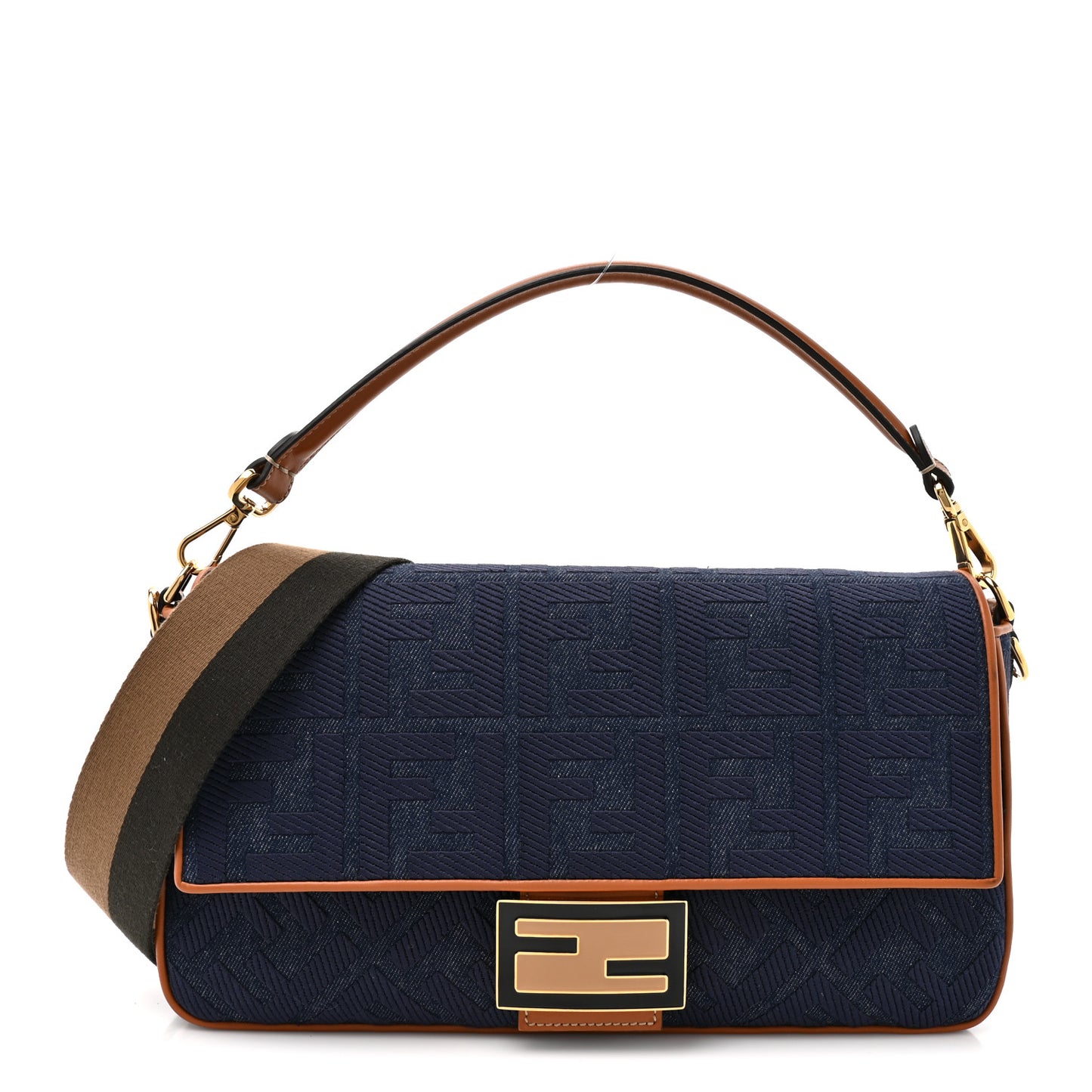 Denim Vitello King FF Embroidered Large Baguette Blue Cuoio
