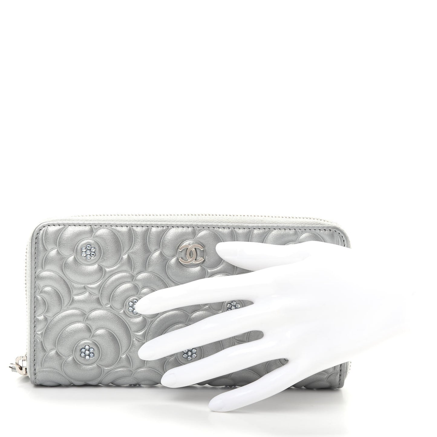 Metallic Lambskin Camellia Crystal Large Gusset Zip Around Wallet Silver