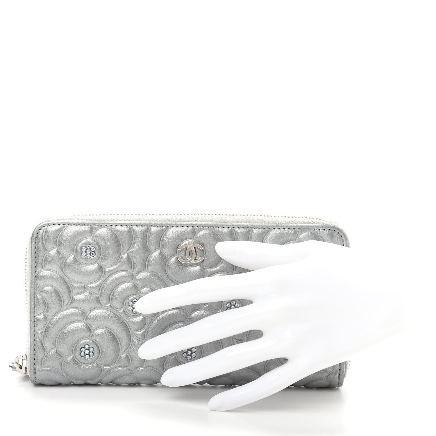 Chanel Metallic Lambskin Camellia Crystal Large Gusset Zip Around Wallet Silver 2 of 9