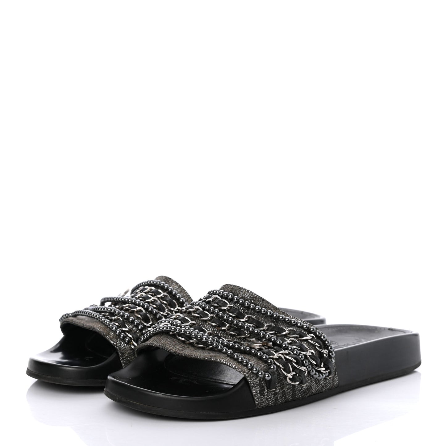 Fantasy Lambskin Pearl Chain CC Flat Mules 37 Silver Black